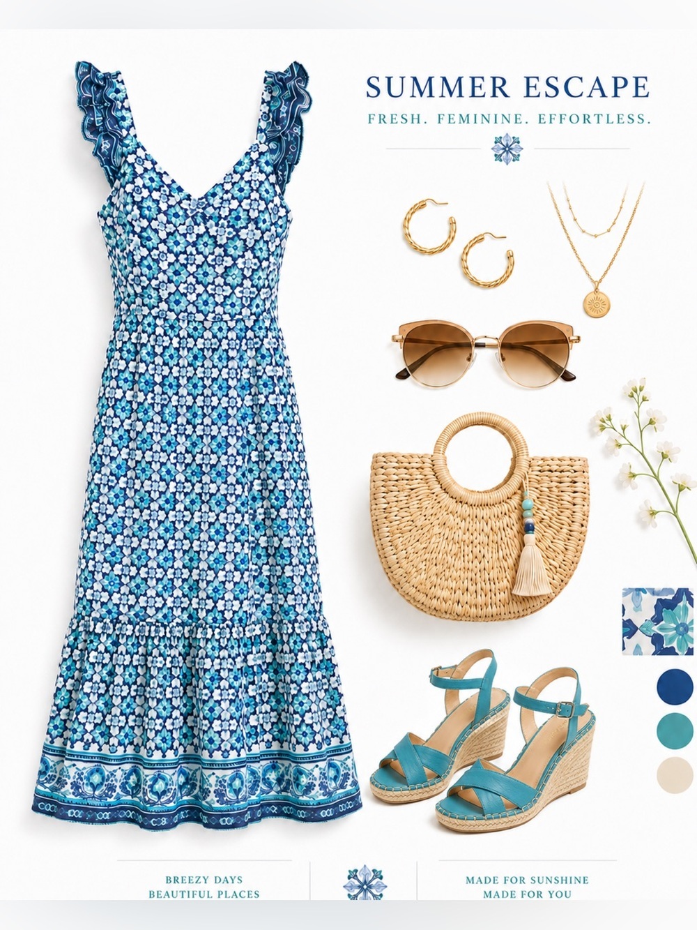 Anthropologie Haute Hippie Cotton Teal and White Patterned Maxi Dress